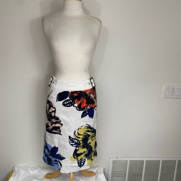 Anthropologie Maeve White Multicolor Watercolor Floral Belt Denim Skirt Size 4 - Picture 6 of 16